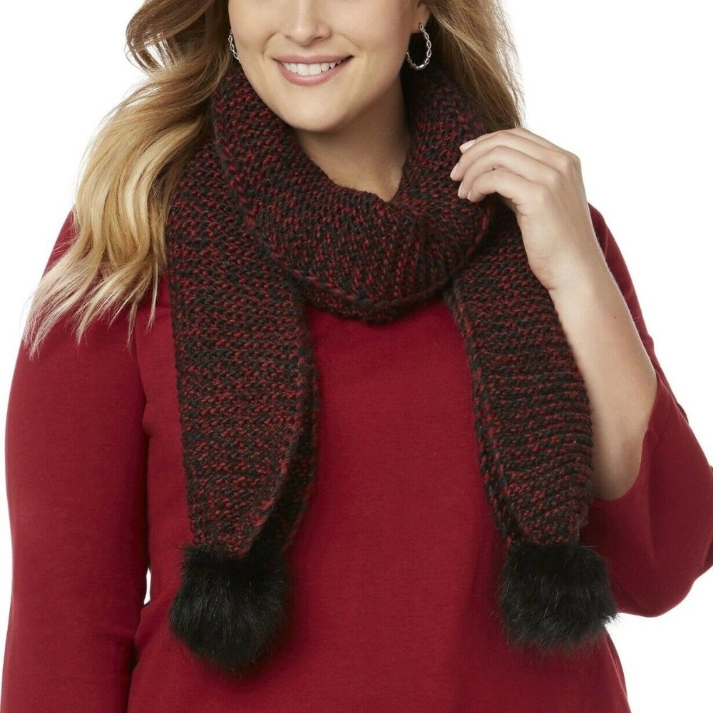Catherines Scarf Winter Red & Black Knit Faux Fur